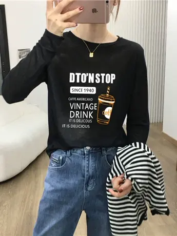 黑色仿棉长袖t恤女2023新款今年流行春秋装冬季加绒打底衫上衣服图片