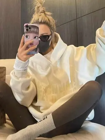 超火cec大码冬季加绒连帽卫衣女ins国潮加厚奶系减龄美式复古外套商品大图