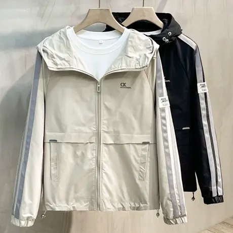 春秋季夹克男士秋季2023新款潮流上衣印花连帽风衣外套男秋冬宽松图片