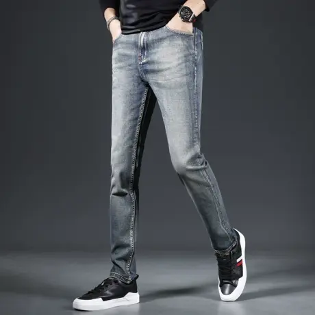 复古牛仔裤2023新款男秋季修身小脚时尚潮流青年男士休闲长裤春秋商品大图