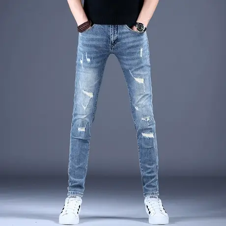 夏天破洞牛仔裤男款秋冬潮流裤子男2023新款网红爆款潮牌修身小脚商品大图