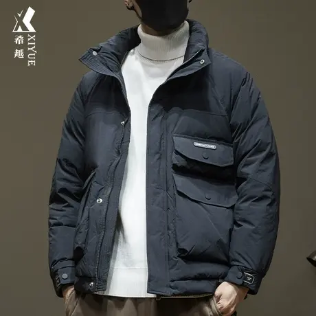 希越男款羽绒服新国标90%白鸭绒冬季工装多口袋立领外套宽松大码商品大图