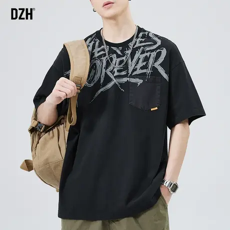 男士潮牌圆领t恤男短袖夏季印花体恤2023新款宽松五分袖美式半袖商品大图