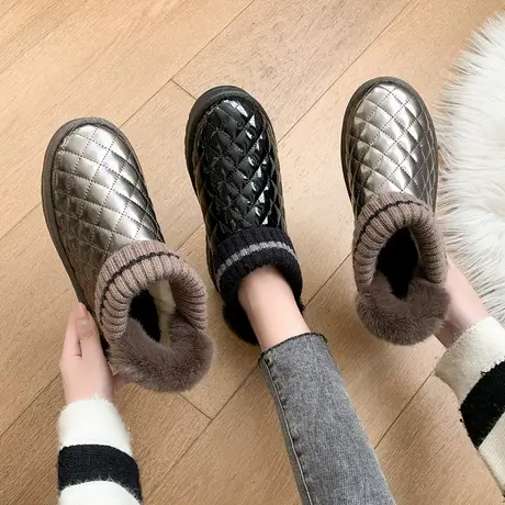 网红雪地靴女防水防滑一脚蹬及踝靴2023年新款保暖加绒棉鞋面包鞋图片