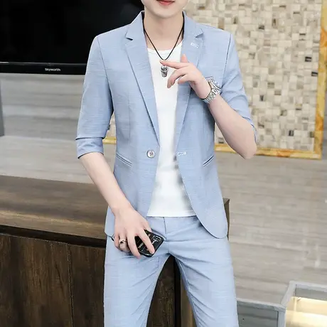 夏季中袖西服套装男士2023新款薄款修身潮流七分袖外套小西装一套商品大图