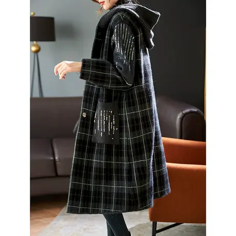 宝诗黎针织连帽亮片格子毛呢外套2023年冬季新款中长宽松时尚大衣图片
