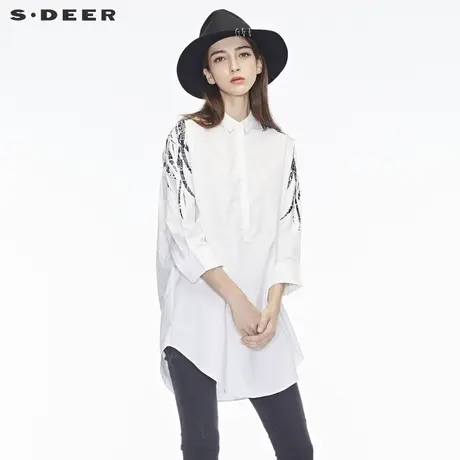 sdeer圣迪奥龟裂纹理图案装饰弧形下摆翻领上衣S18480558图片