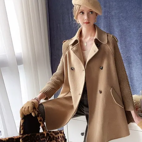 【直播】粉红大布娃娃优雅斗篷型拼接毛呢大衣图片