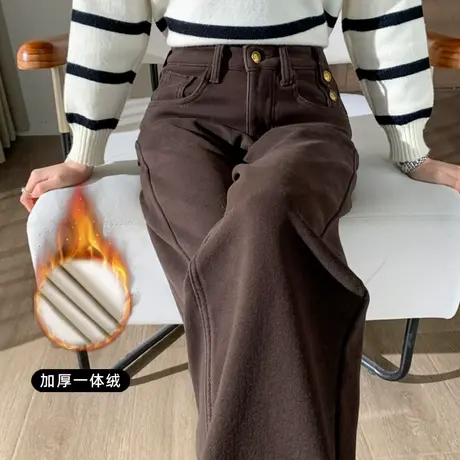 咖啡色加厚加绒牛仔裤女2024冬季新款高腰显瘦裤子阔腿裤休闲长裤商品大图