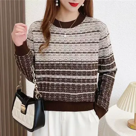 圆领套头时尚条纹针织打底衫2023秋冬新款女装毛衣内搭超好看上衣图片
