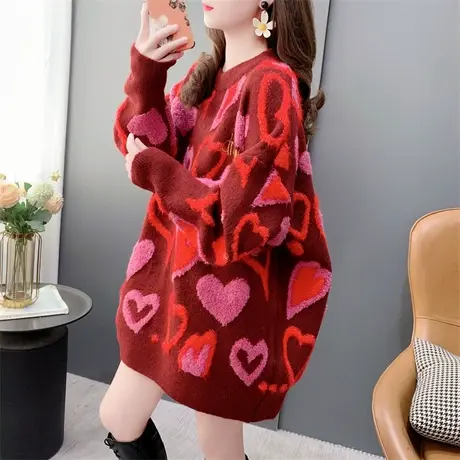 高级感超好看红色爱心圆领毛衣女秋冬2023年新款宽松加厚洋气上衣商品大图