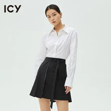 icy春秋新款通勤简约收腰长袖纯棉白衬衫女【梦会停设计】商品大图