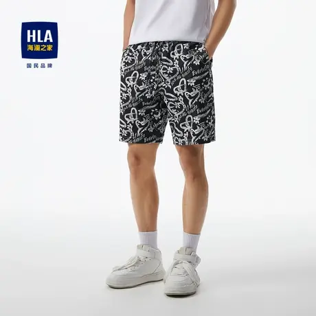 HLA海澜之家2023热卖松紧腰休闲中裤系绳微弹大印花短裤男商品大图