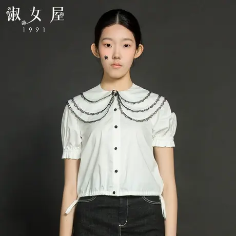 淑女屋衬衫女设计感小众春季新款多层圆领修身复古短袖上衣图片