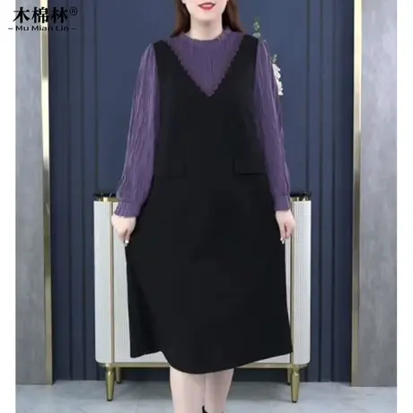大码女装胖mm显瘦假两件连衣裙春秋新洋气宽松加肥加大中长打底裙图片
