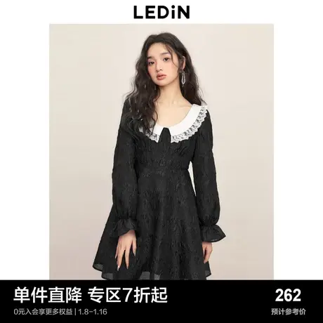 乐町甜美翻领连衣裙女秋冬春款女装黑色收腰a字裙子商品大图