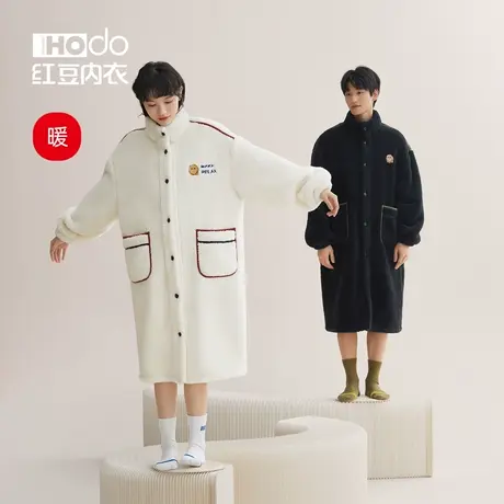 红豆情侣睡衣珊瑚绒睡袍男士加厚中长款休闲冬保暖法兰绒家居服女图片