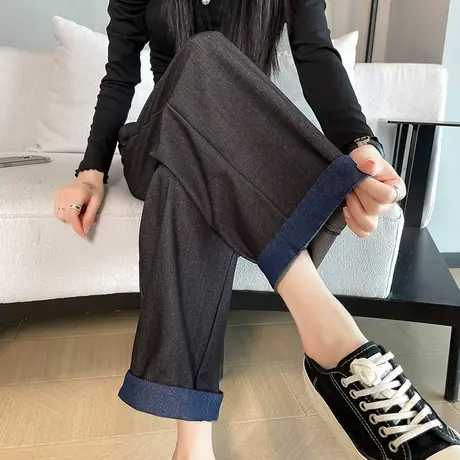 黑色哈伦直筒牛仔裤女春秋2024新款显瘦高腰垂感休闲裤窄版阔腿裤图片