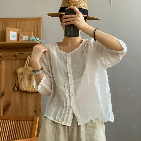 dza 复古苎麻提花七分袖衬衫女士2024春宽松棉麻上衣女休闲短衬衣图片