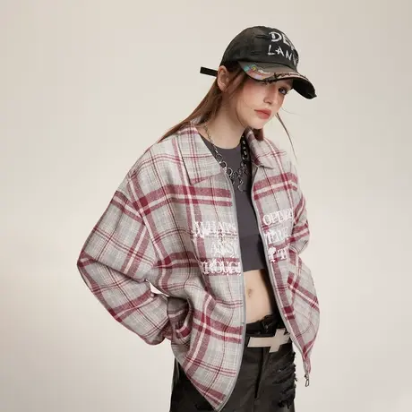 复古做旧潮牌格子外套女春秋2024新款美式情侣装夹克宽松印花上衣商品大图