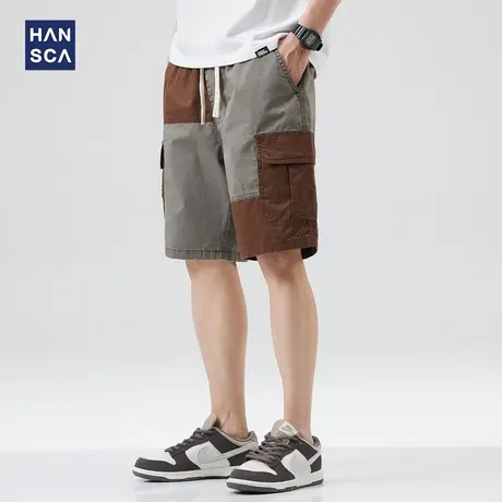 hansca纯棉休闲短裤男宽松复古夏季新款潮牌拼接多口袋直筒五分裤商品大图