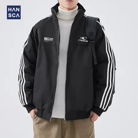 hansca黑色棉衣男款冬季新款美式保暖条纹立领设计感夹克棉服外套商品大图