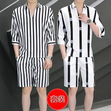 t恤夏季短袖男帅气潮流V领宽松休闲五分裤搭配带领体恤一套装衣服商品大图