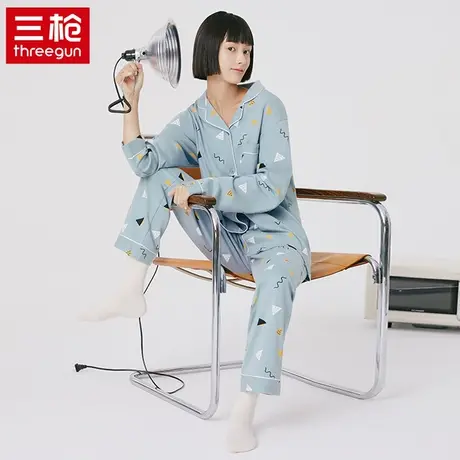 三枪女纯棉秋冬长袖睡衣2023年新款开襟全棉中长款秋季家居服套装商品大图