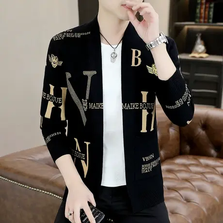 潮牌烫钻欧货轻奢外套男秋季ins提花字母针织衫上衣帅气开衫毛衣商品大图