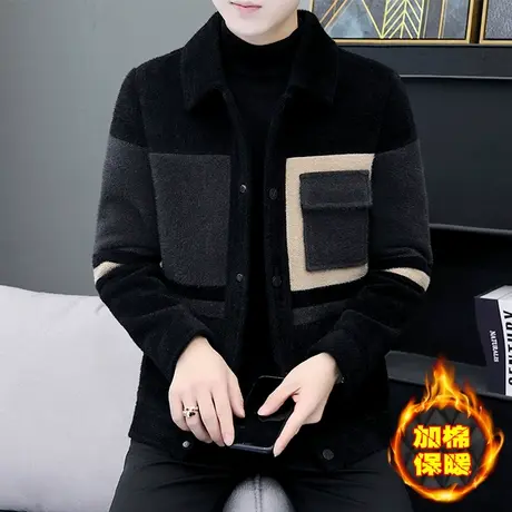 秋冬季金貂绒呢子外套男士潮流帅气短款毛呢大衣加棉加厚撞色夹克商品大图