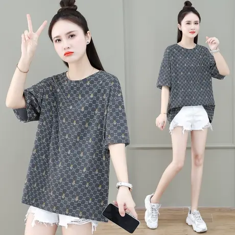 全棉宽松t恤女2023年夏装新款时尚韩版大码女装高个子上衣短袖衫商品大图
