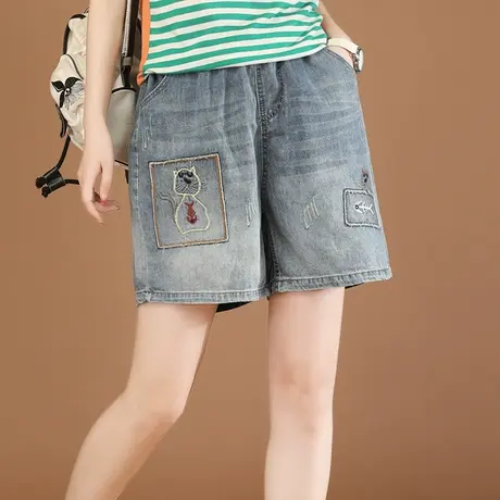 韩潮袭人松紧腰磨白刺绣牛仔短裤女2023夏季新款显瘦哈伦裤热裤薄图片