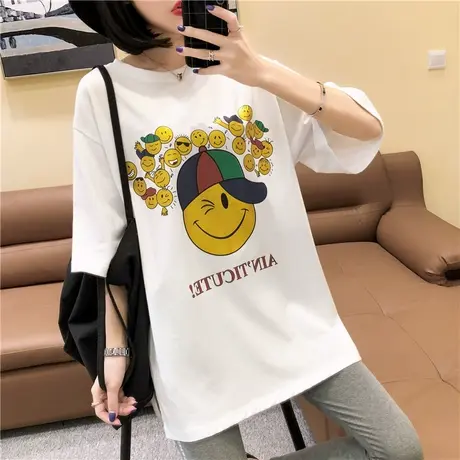 中长款卡通笑脸短袖T恤女2023夏季新款韩版宽松学院风五分袖体恤商品大图