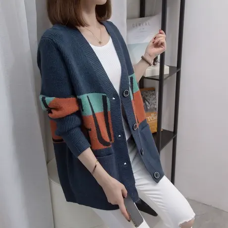 v领针织开衫女2023秋冬新款宽松慵懒风外穿上衣厚外搭毛衣外套潮商品大图