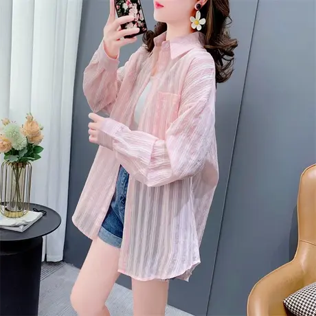 薄款条纹防晒衬衫女夏季2023新款宽松休闲长袖设计感百搭上衣外套商品大图