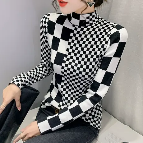 半高领毛衣女套头秋冬新款时尚格子针织衫女长袖紧身内搭打底上衣图片