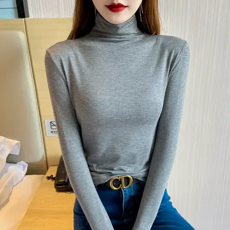 莫代尔修身高领长袖秋冬打底衫女新款黑色内搭体恤洋气t恤潮上衣商品大图