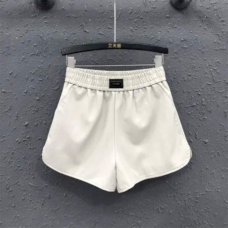 2023新款米白色休闲贴标松紧腰皮裤女秋高腰显瘦a字阔腿短裤靴裤商品大图