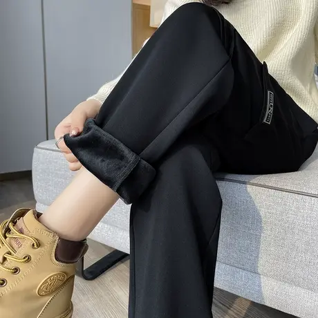 加绒黑色工装裤女2023年秋冬新款高腰宽松显瘦百搭休闲束脚运动裤商品大图