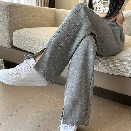 灰色运动裤女高腰垂感显瘦春秋新款小个子开叉窄版直筒休闲阔腿裤图片