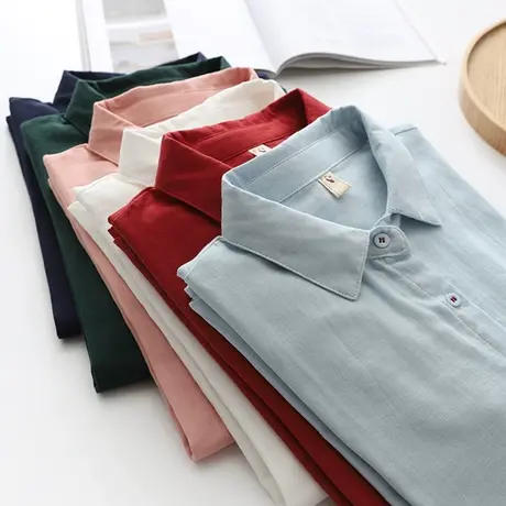 文艺翻领双层棉纱长袖纯色衬衫女2022年新款春季百搭纯棉打底上衣商品大图