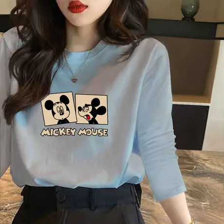 米奇印花纯棉宽松长袖T恤女2022年秋季新款韩版宽松休闲学生上衣图片