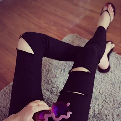 2023新款韩版春秋季九分破洞打底裤女外穿黑色弹力小脚铅笔长裤子图片