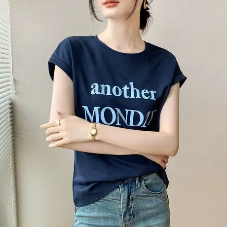 字母印花短袖T恤女2023夏季新款韩版宽松休闲落肩百搭透气上衣薄图片