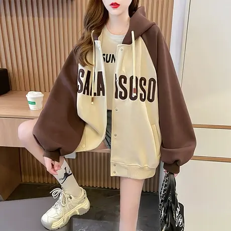 早秋撞色外套女春秋季韩版宽松大码中长款薄款初秋棒球服开衫卫衣商品大图