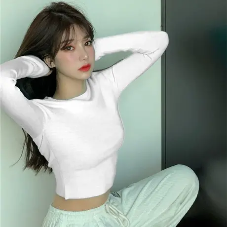 2023新款早秋短款露脐T恤女春秋冬内搭修身长袖打底衫潮上衣服ins商品大图