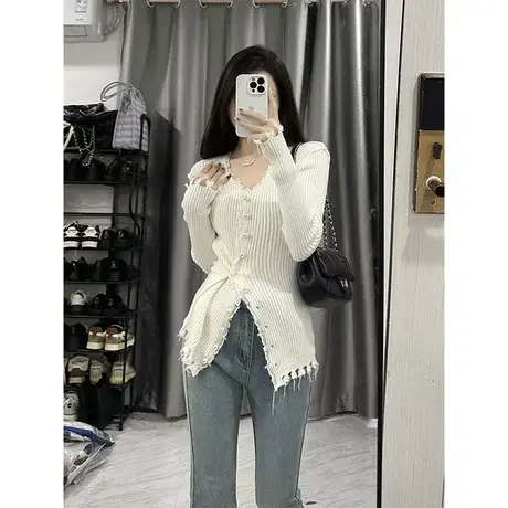 V领设计感毛衣针织开衫女春秋季2023新款修身小众别致打底衫上衣图片