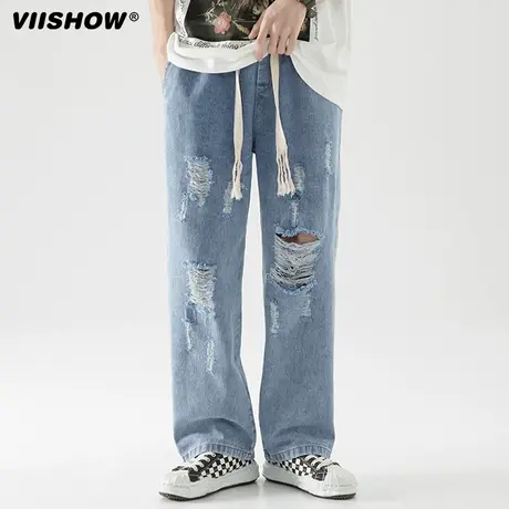 VIISHOW牛仔裤男春秋潮ins破洞男生宽松直筒裤美式高街休闲松紧腰商品大图