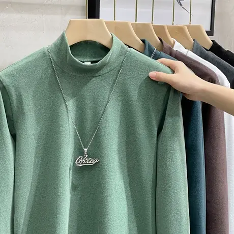 秋冬季德绒打底衫男士春秋季半中高领长袖双面磨绒T恤保暖上衣服商品大图