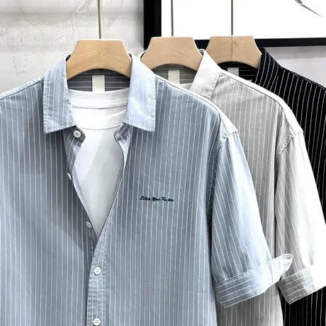 日系条纹刺绣短袖衬衫男夏季韩版休闲五分中袖寸衫宽松纯棉衬衣潮商品大图